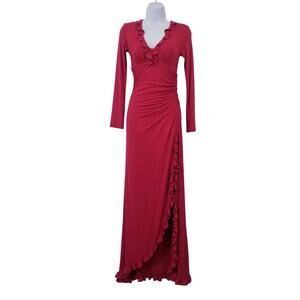 SKY Red Ruffle V-Neckline Maxi Dress Long Sleeves with Slit